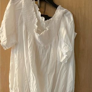 Ashley Stewart Off Shoulder Peasant Blouse and Smoked Waist Wide Leg Pant.